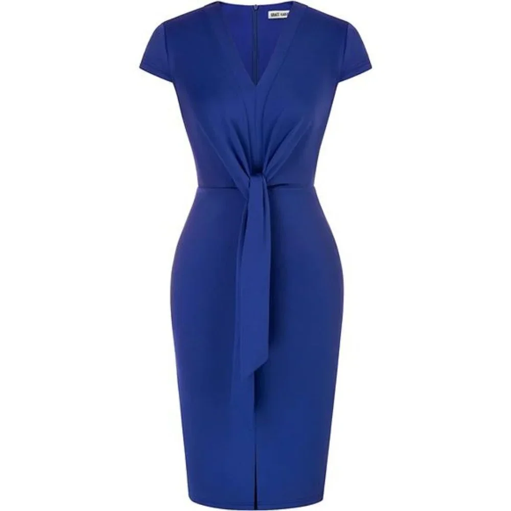 Women's Midi Dress Cap Sleeve Tie Waist Slit V-Neck Bodycon Dress, Royal Blue